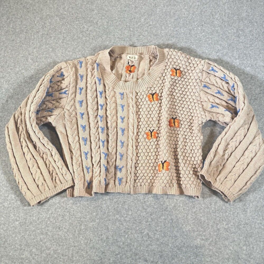 POL Cable Knit Sweater Embroidered Butterfly Beige Boho Relaxed Pullover M Crop